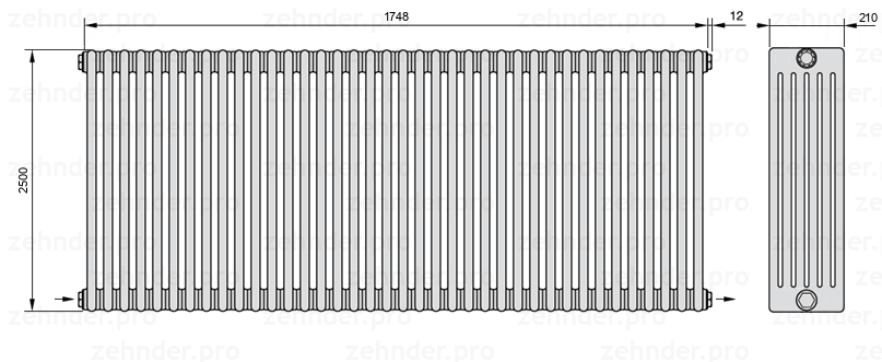 Схема (чертеж) Радиатор Zehnder Charleston 6250/38 №2670 Белый глянцевый RAL 9016